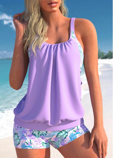 Light Purple Fold Cutout Tankini Set