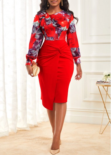 Floral Print Decorative Button Wine Red Dress