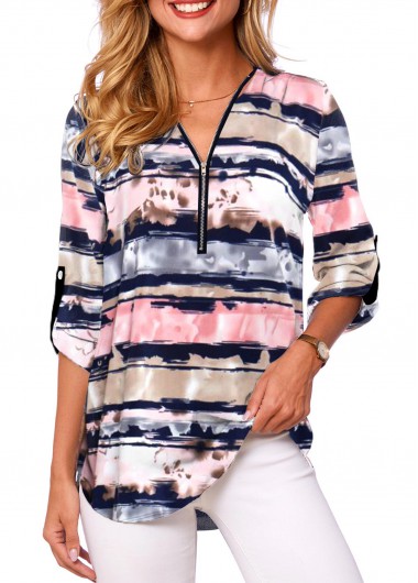 Quarter Zip Long Sleeve V Neck Blouse