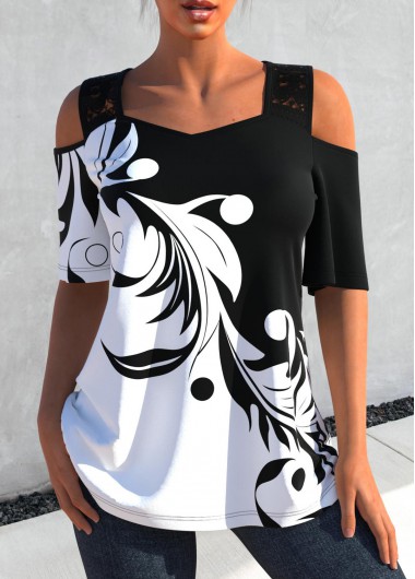 Lace Stitching Black Curly Grass Print T Shirt