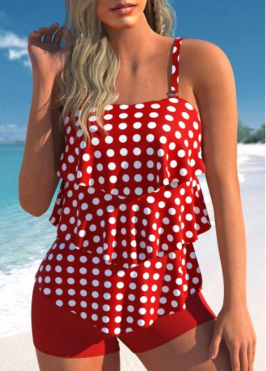 Red Layered Hem Polka Dot Tankini Set