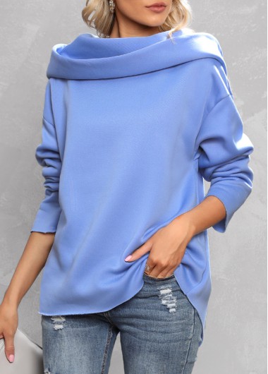 Long Drop Sleeve Blue Cowl Neck Hoodie