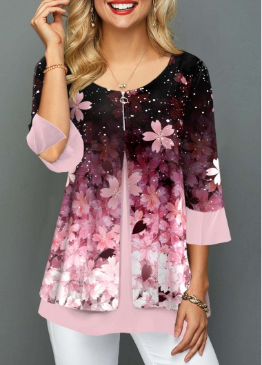 Floral Print Zipper Detail 3/4 Sleeve Pink T Shirt
