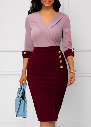 ROTITA Decorative Button Wine Red 3/4 Sleeve Bodycon Dress
