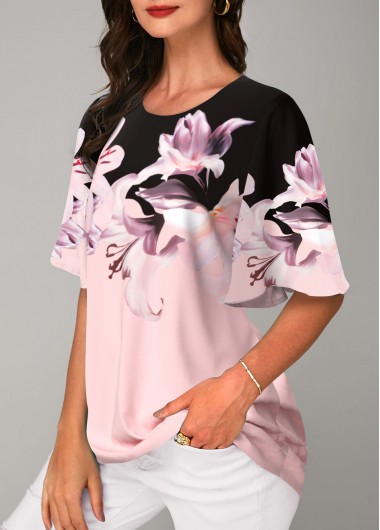 Floral Print Pink Round Neck T Shirt