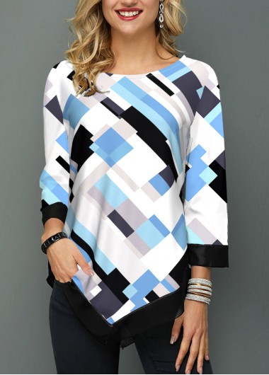 Geometric Print Asymmetric Hem White Blouse