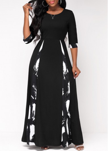 ROTITA Insert Graffiti Print Black Maxi Dress