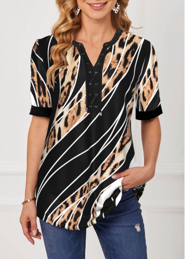 Leopard Striped Lace Up Black Blouse