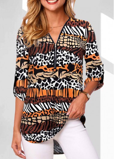 ROTITA Zipper Animal Print Multi Color V Neck Blouse