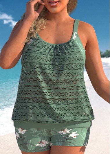 Floral Print Plus Size Sage Green Tankini Set