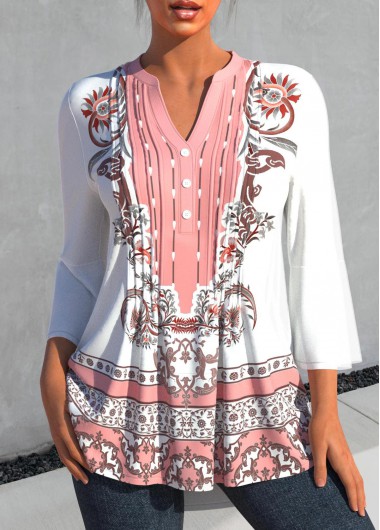 Tribal Print Split Neck White 3/4 Sleeve Blouse