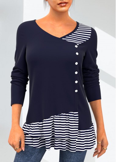 Striped Decorative Button Navy Layered Hem T Shirt