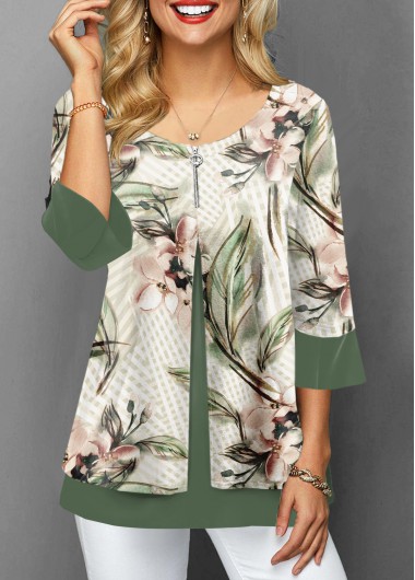 Floral Print 3/4 Sleeve Faux Two Piece Blouse