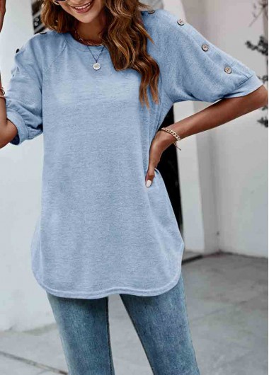 ROTITA Light Blue Decorative Button Round Neck T Shirt