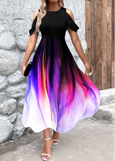 ROTITA Cold Shoulder Short Sleeve Black Dress