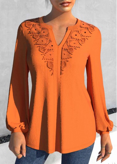 Split Neck Long Sleeve Orange Blouse