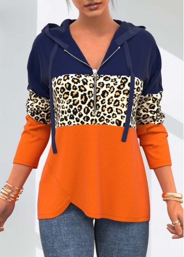 Orange Leopard Quarter Zip Drawstring Detail Hoodie