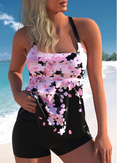 Pink Floral Print Wide Strap Tankini Top