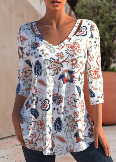 ROTITA Tribal Print 3/4 Sleeve White T Shirt