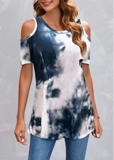 Navy Tie Dye Print Cold Shoulder T Shirt