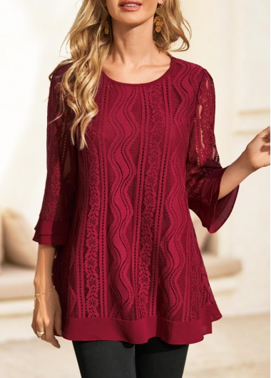 Lace Stitching 3/4 Sleeve Wine Red Blouse