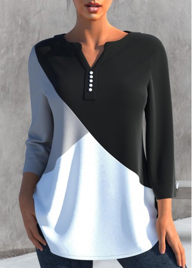Decorative Button Split Neck Black Blouse