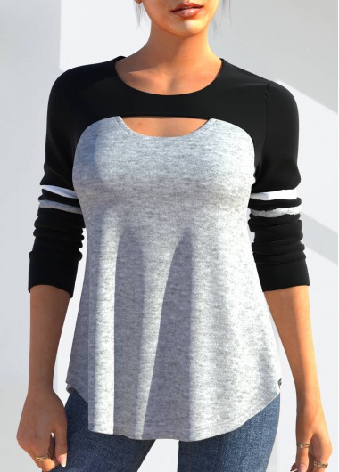 ROTITA Cutout Detail Long Sleeve Black T Shirt
