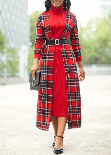 Tartan Print Fake 2in1 Wine Red Dress