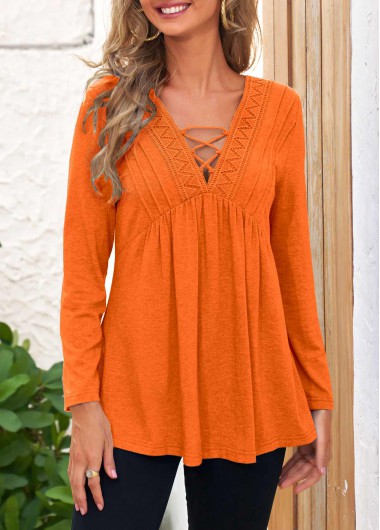 Orange Long Sleeve Lace Stitching T Shirt