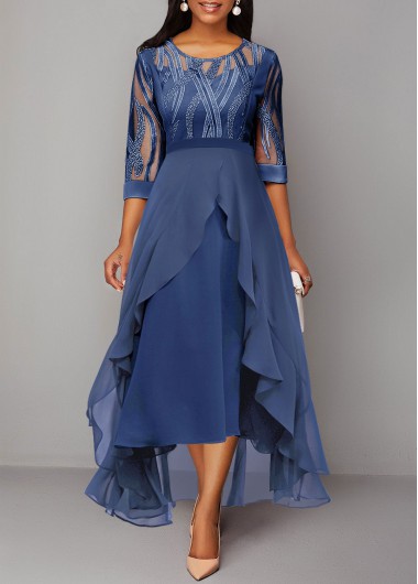 Sequin Blue Mesh Stitching High Low Dress