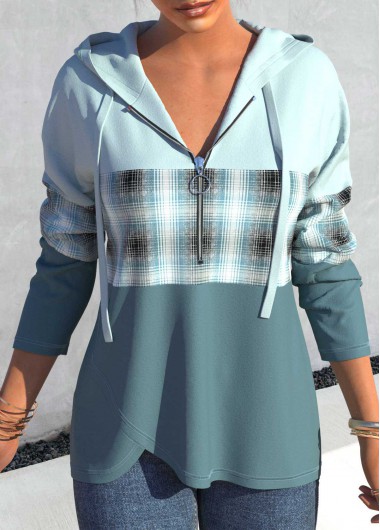 Quarter Zip Striped Long Sleeve Drawstring Hoodie