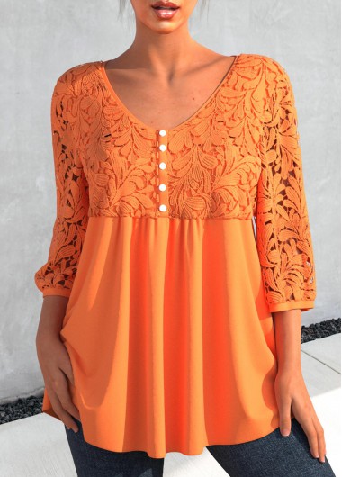 Lace Stitching V Neck Orange 3/4 Sleeve Blouse