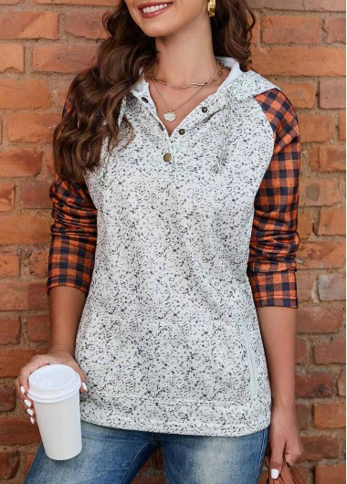 Pocket Light Grey Tartan Print Long Sleeve Hoodie
