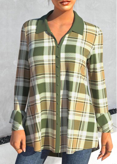 Turndown Collar Green Long Sleeve Plaid Blouse