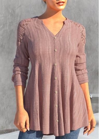 Dusty Pink Split Neck Lace Patchwork Blouse