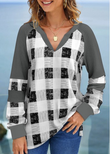 Plaid Split Neck Long Sleeve Grey Sweatshirt