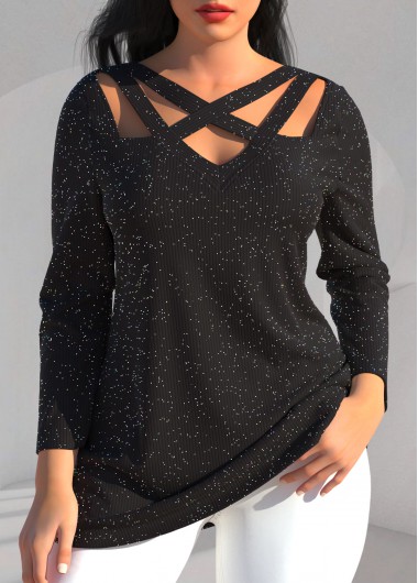 Long Sleeve Black Cross Strap T Shirt