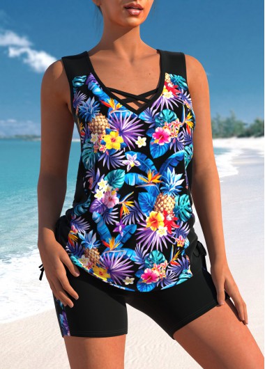ROTITA Floral Print Cross Strap Black Tankini Set