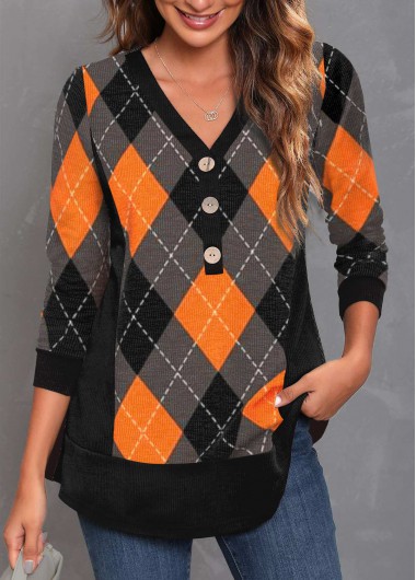 Halloween Plaid Decorative Button Black V Neck T Shirt