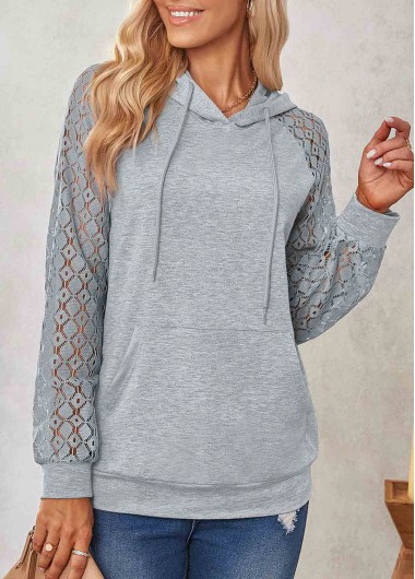 Lace Patchwork Kangaroo Pocket Light Grey Hoodie