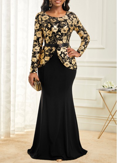 ROTITA Hot Stamping Floral Print Black Maxi Dress