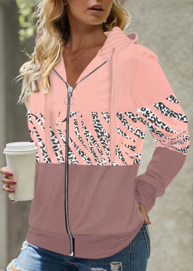 Leopard Zipper Pink Long Sleeve Hoodie