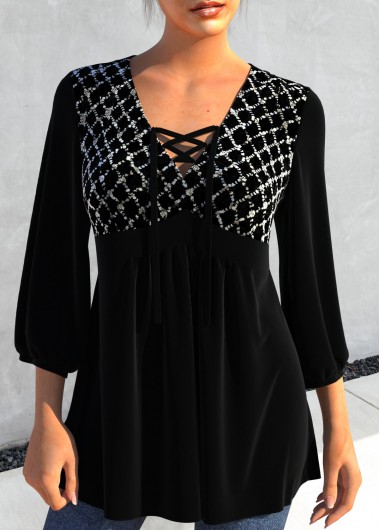 ROTITA Sequin 3/4 Sleeve Black V Neck Blouse