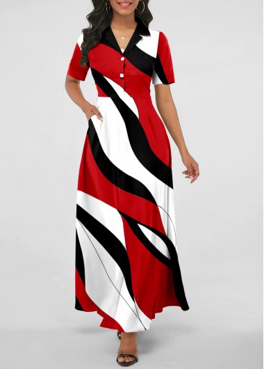 Geometric Print Pocket Red Lapel Maxi Dress