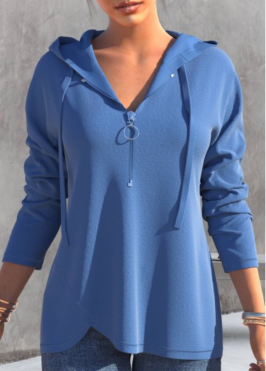 ROTITA Dusty Blue Drawstring Quarter Zip Long Sleeve Hoodie