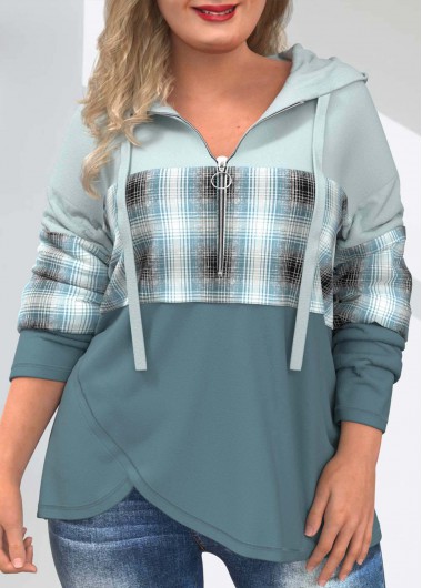 Multi Color Plus Size Tartan Print Drawstring Hoodie