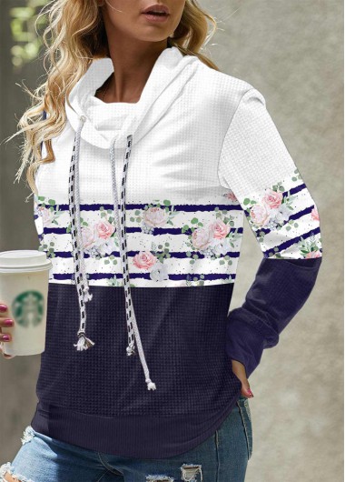ROTITA Floral Print Cowl Neck Navy Sweatshirt