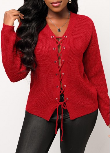 Lace Up Long Sleeve Red Cardigan