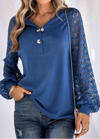 Lace Navy Round Neck Raglan Sleeve T Shirt