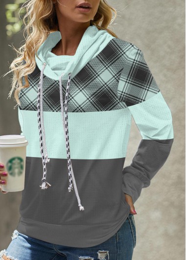 Mint Green Cowl Neck Tartan Print Sweatshirt